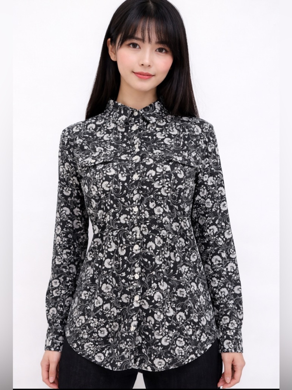 Croft & Barrow Womens Medium Black‎ White Floral Cotton Button Down Shirt